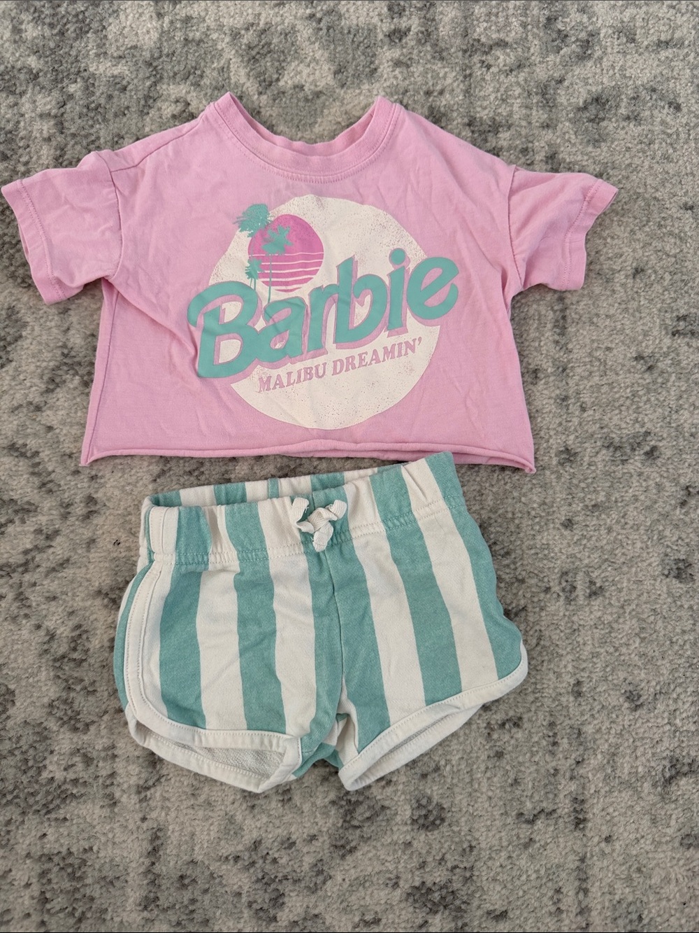 Barbie Pink Graphic Crop Tee with Aqua and White Striped Shorts